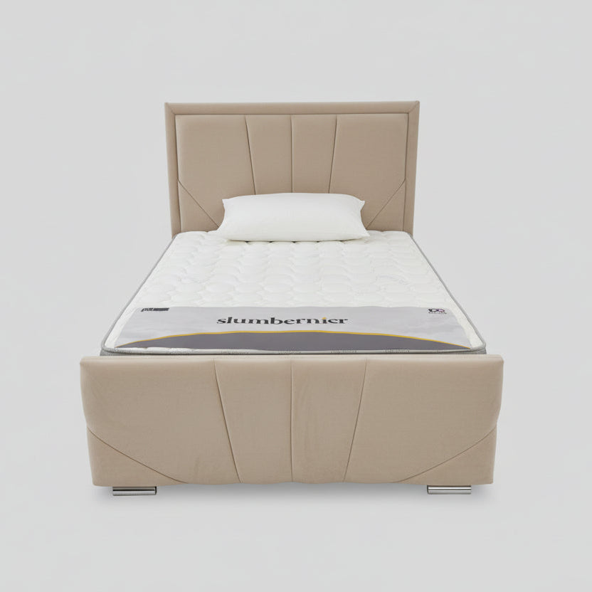 Plaza double bed with a beige bed frame and a white mattress,