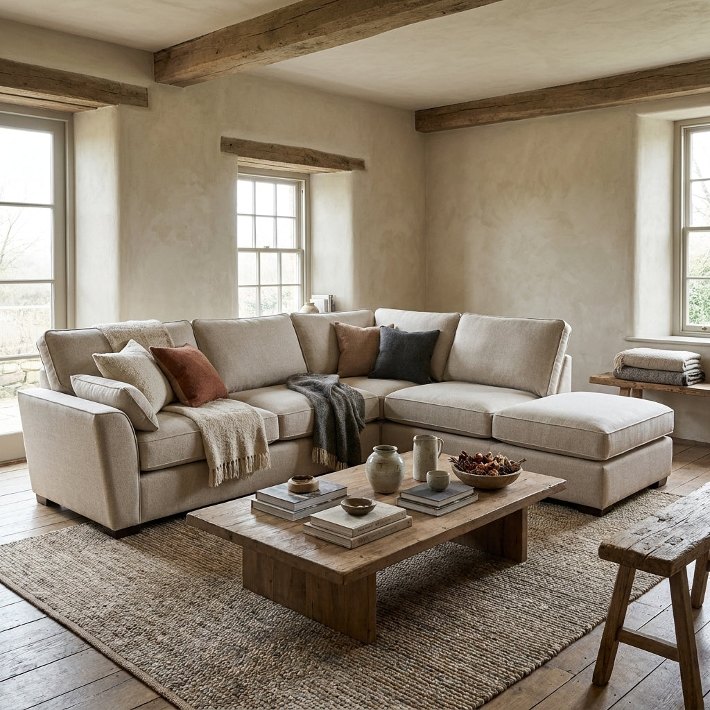 Cozy rustic living room with a large beige sectional sofa, wooden coffee table, and natural textures in a neutral palette.