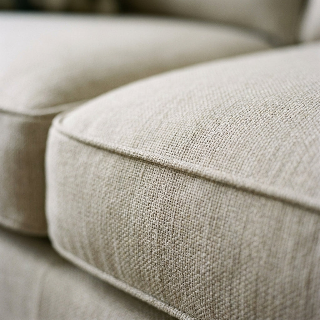 Close-up of a beige linen sofa cushion with elegant piping, showcasing a modern, minimalist living room furniture style.