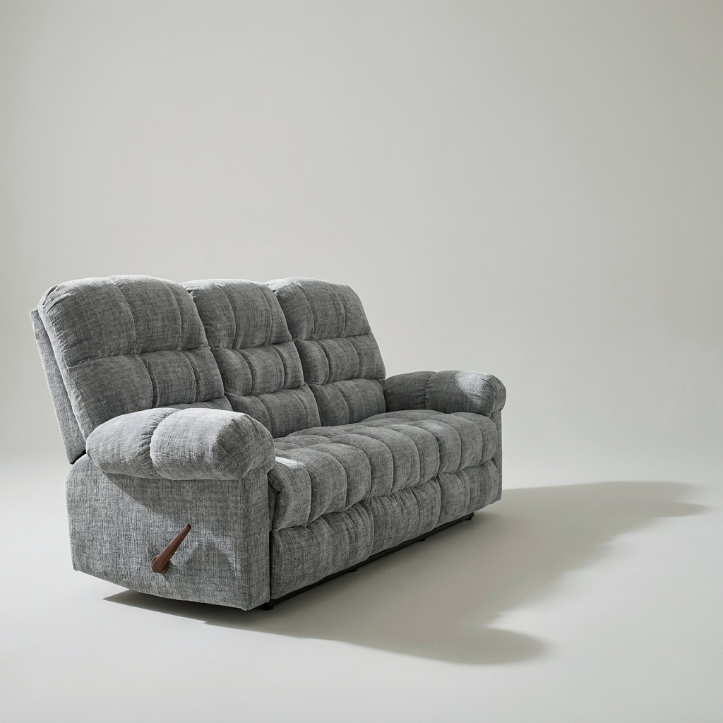 Cloud three seater manual reclining sofa in grey chenille on a plain background