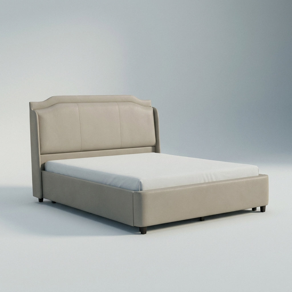 Murlough king size ottoman bedframe in greige faux leather on a plain background