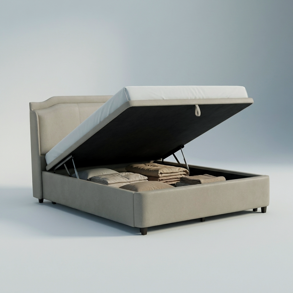 Murlough ottoman bed with the base raised showing the full length storage underneath