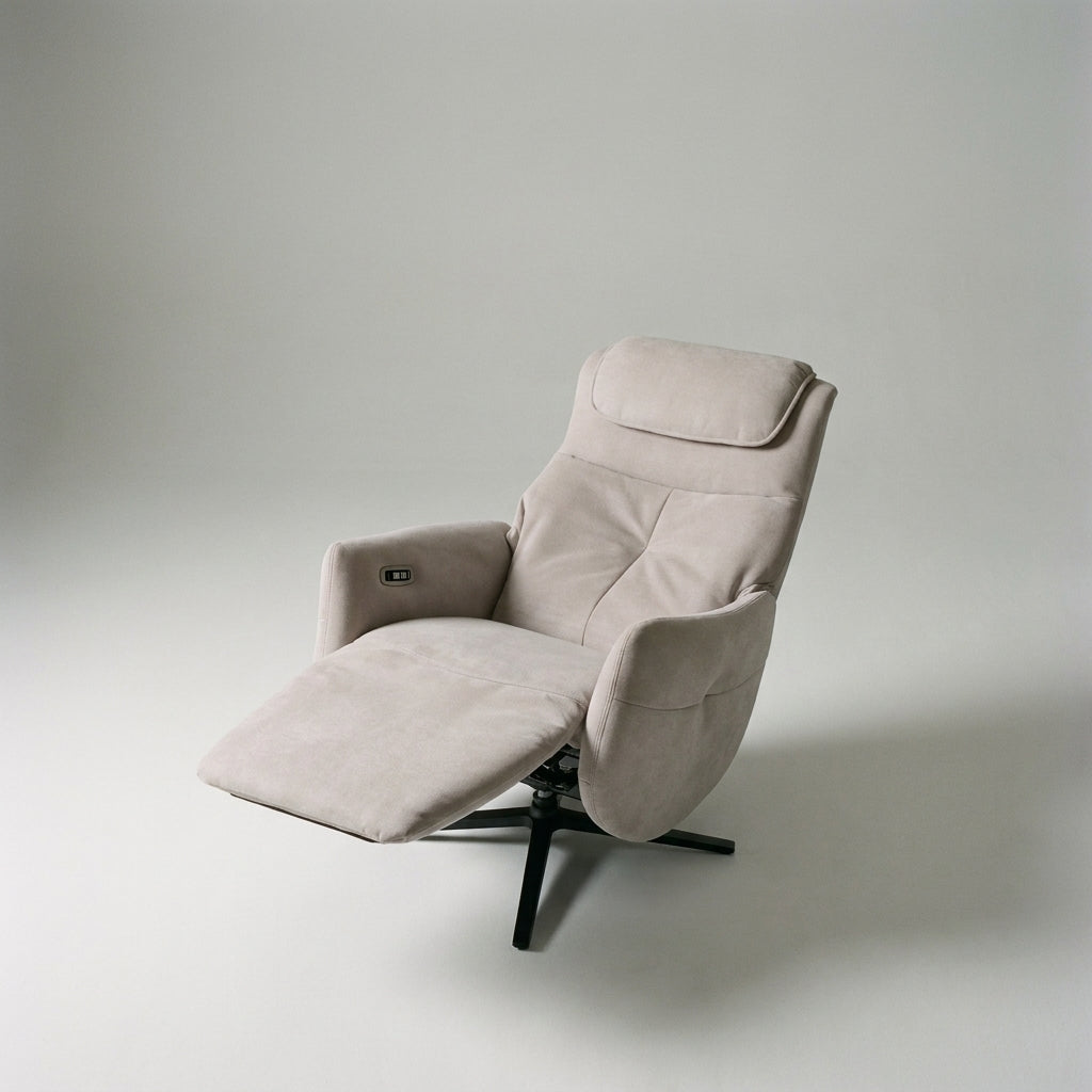 Khan massage chair in pale stone fabric on a plain background with the footrest extended