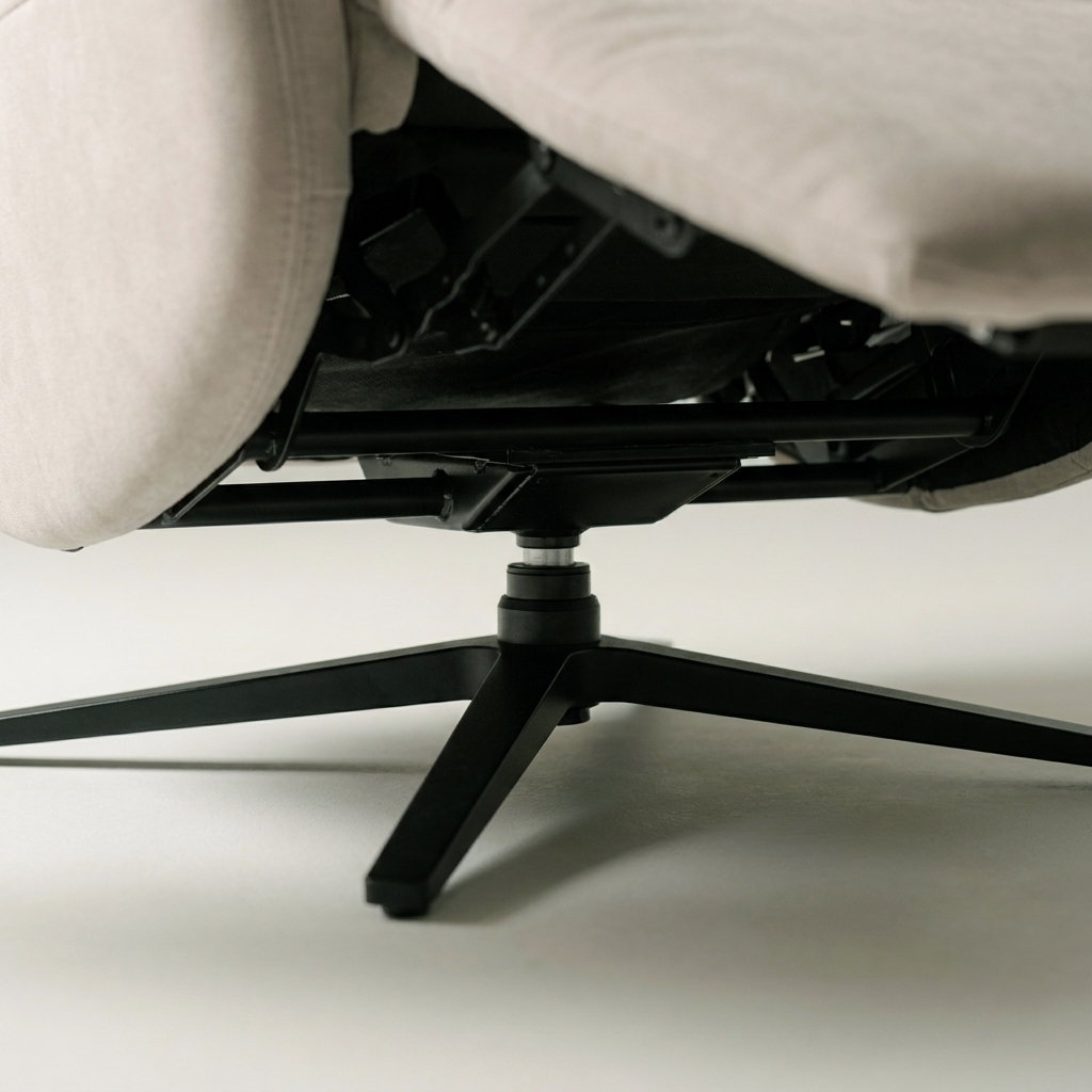 Close-up of the black four point star swivel base under the Khan massage chair