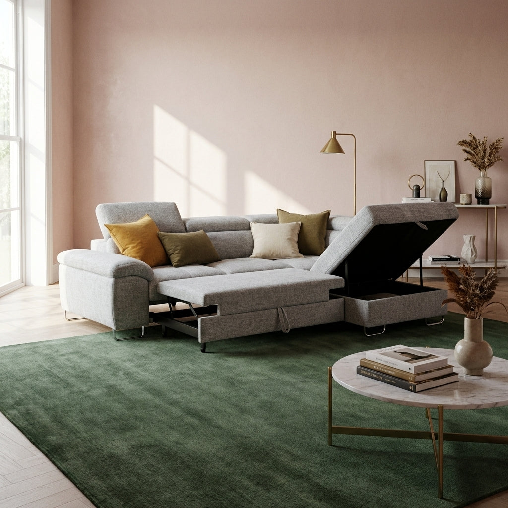 Bari sofa bed made up as a bed in a living room with plaster pink walls and a green rug