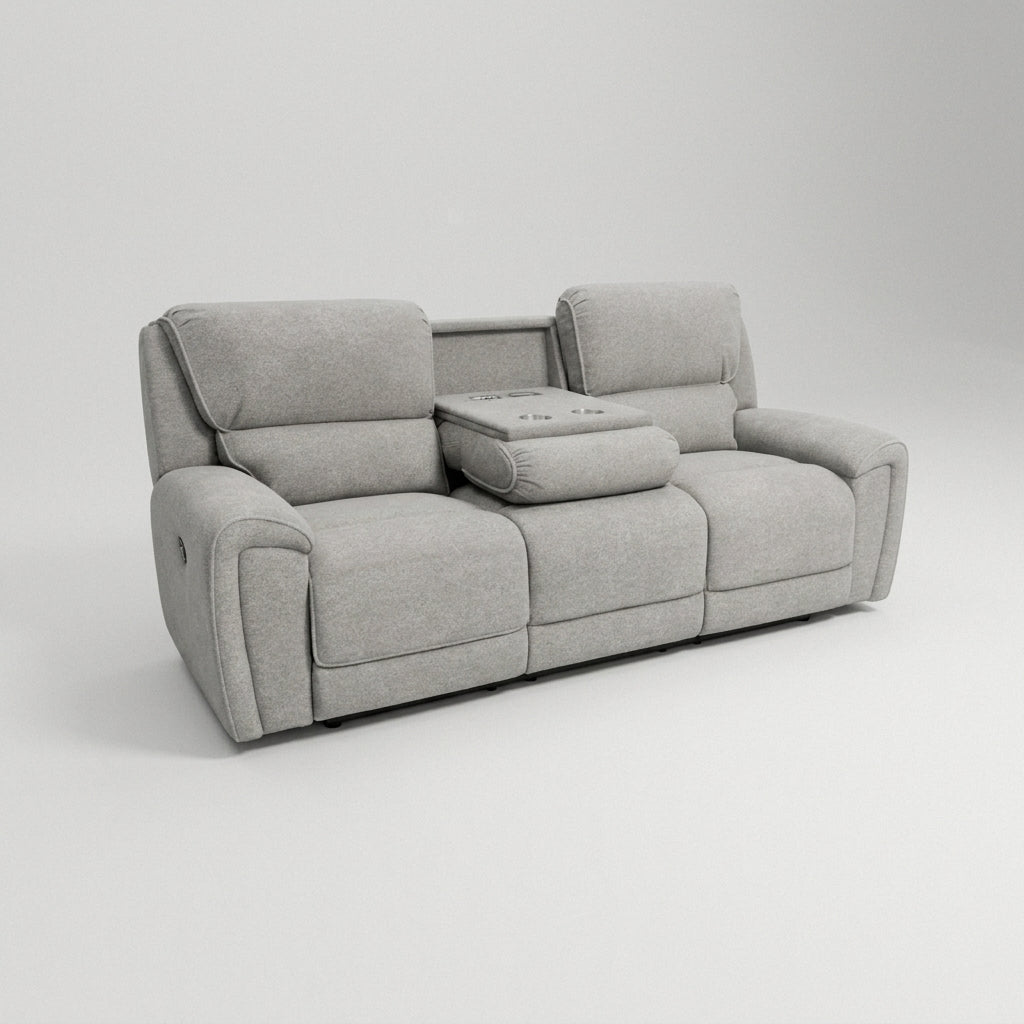 Tyrell two seat power reclining sofa in light grey with the centre console down