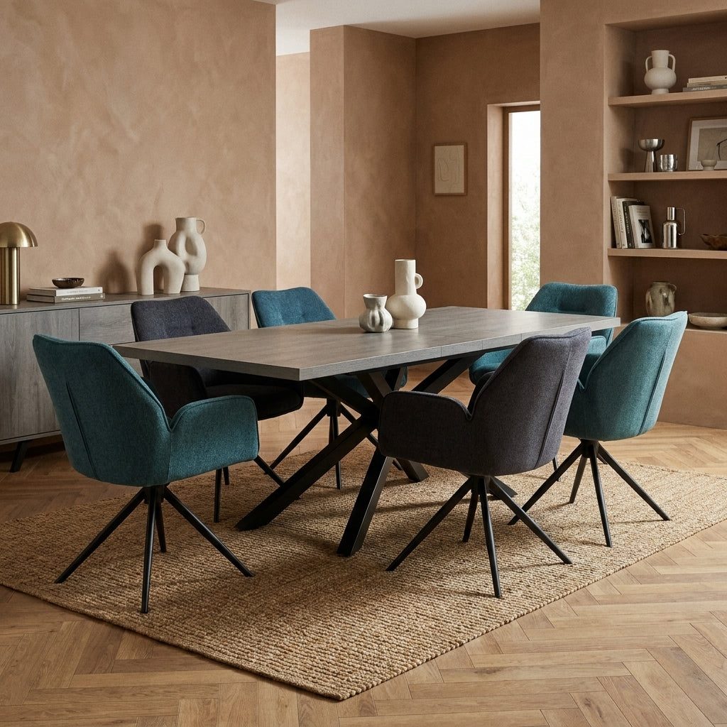 Benicio Dining Set seen along the length of the table in a dining room with warm clay plaster walls, herringbone oak floor and a jute rug