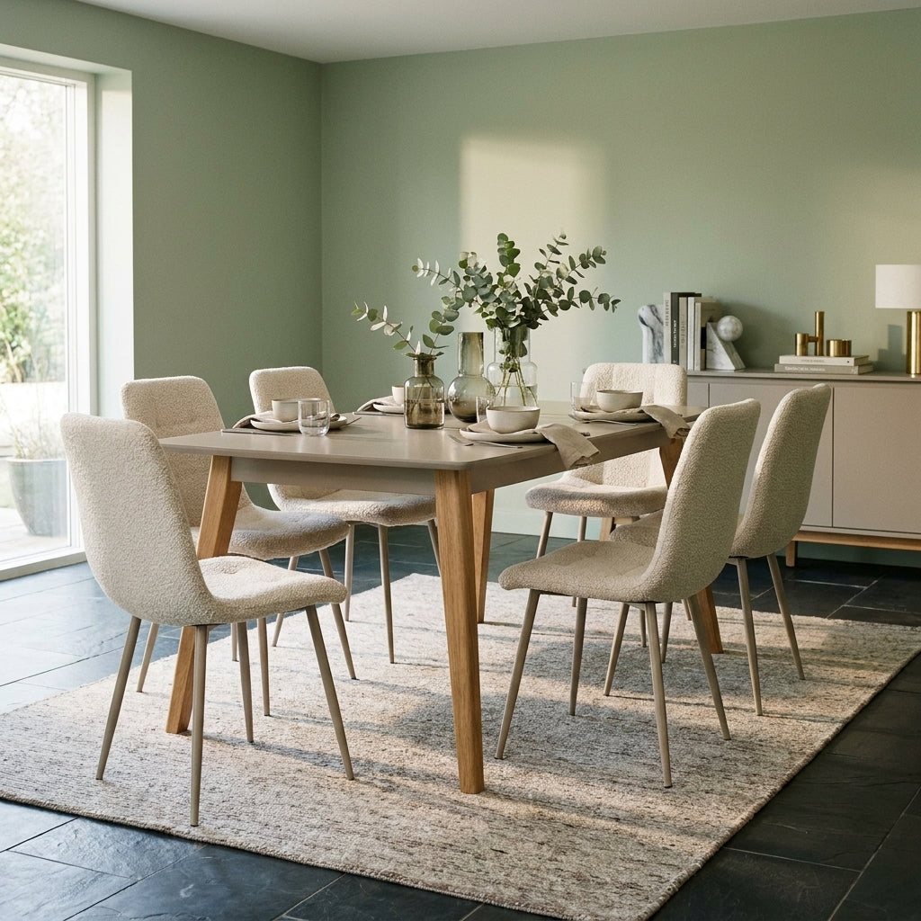 Brianna 7 Piece Dining Set laid for dinner in a dining room with soft sage green walls, a dark slate tile floor and a pale wool rug