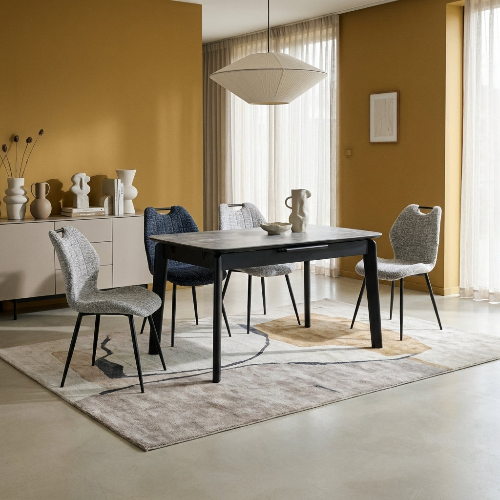 Mischa 5 Piece Dining Set in a dining room with mustard ochre walls and a pale polished concrete floor