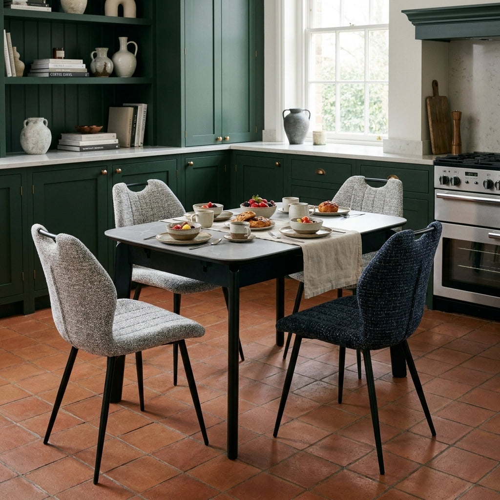 Mischa 5 Piece Dining Set laid for breakfast in a kitchen with deep forest green cabinets and a terracotta tile floor