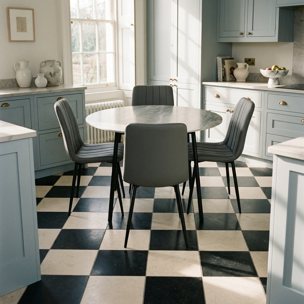 Sardinia 5 Piece Round Dining Set in a kitchen with pale blue grey cabinets and a black and cream chequerboard tile floor
