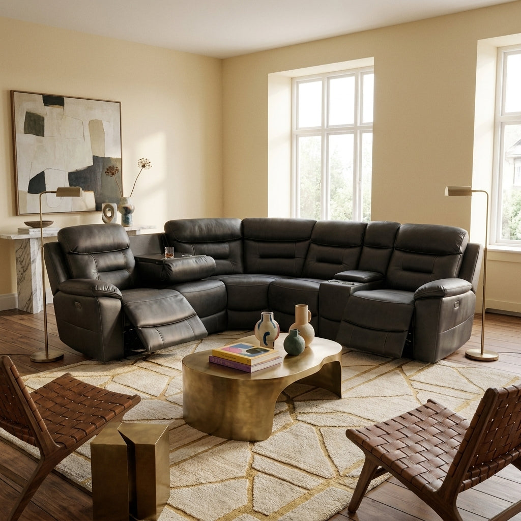 Viridia corner sofa in dark graphite leather with electric recliners and built in consoles, in a living room with butter cream walls and a walnut floor