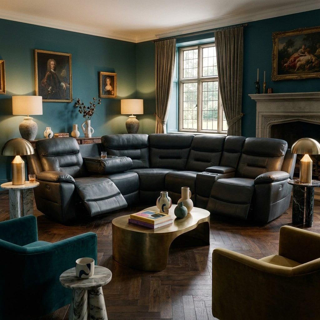 Viridia corner sofa in a living room with deep teal walls and a dark herringbone parquet floor, lit by evening lamplight