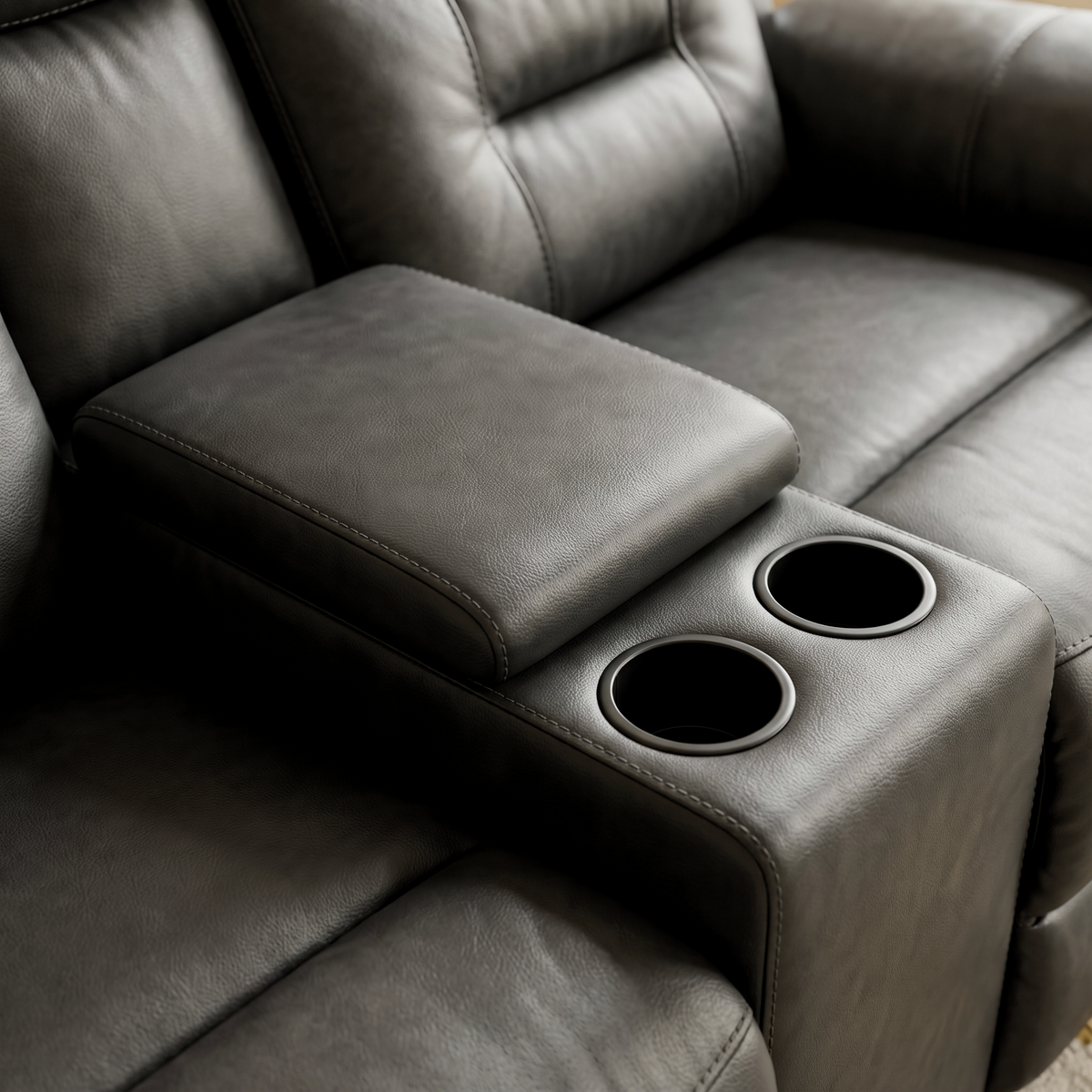 Close up of the Viridia console showing the padded lid and the two recessed cup holders in the graphite leather