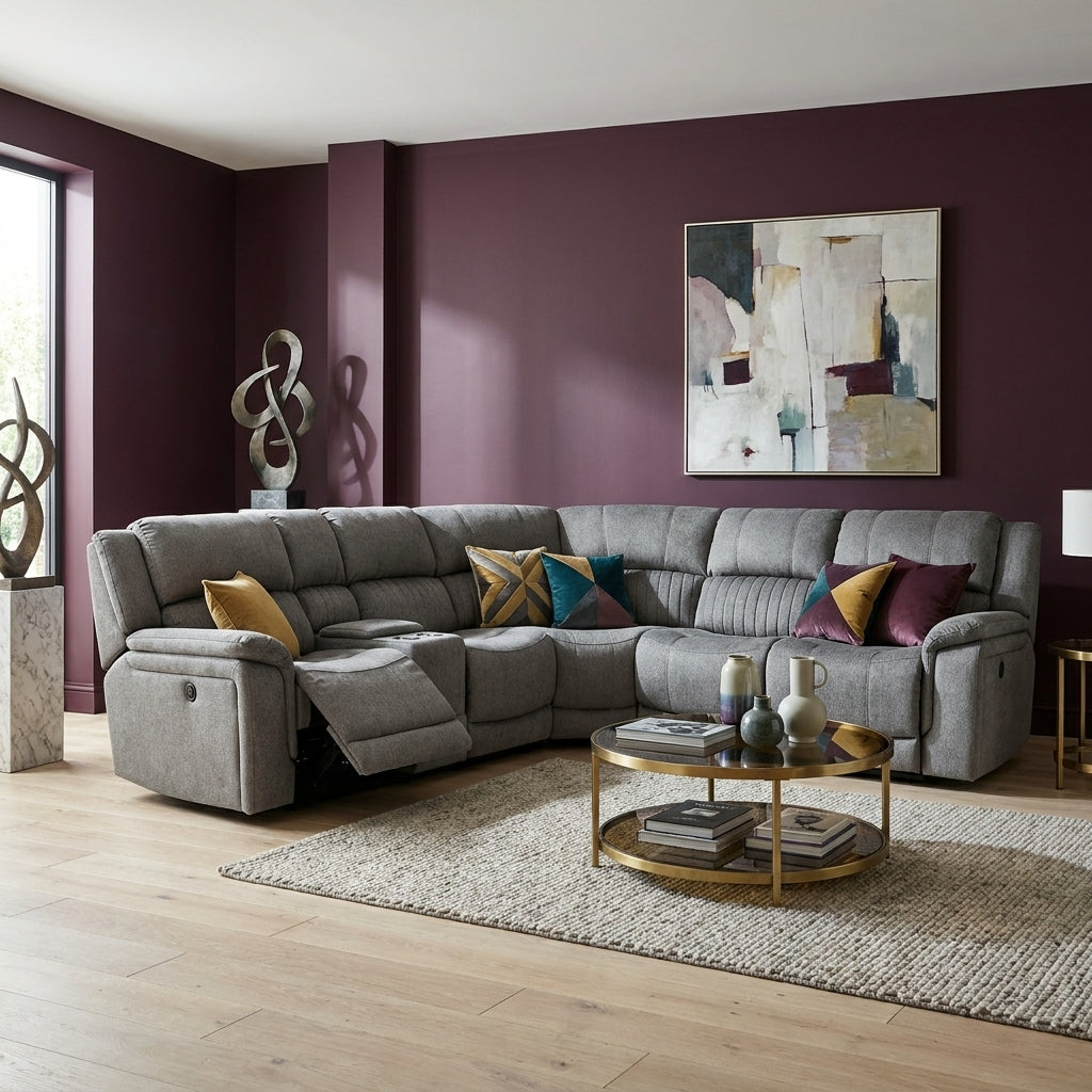 Vultan corner sofa in woven grey fabric styled in a living room with deep plum walls and pale oak flooring