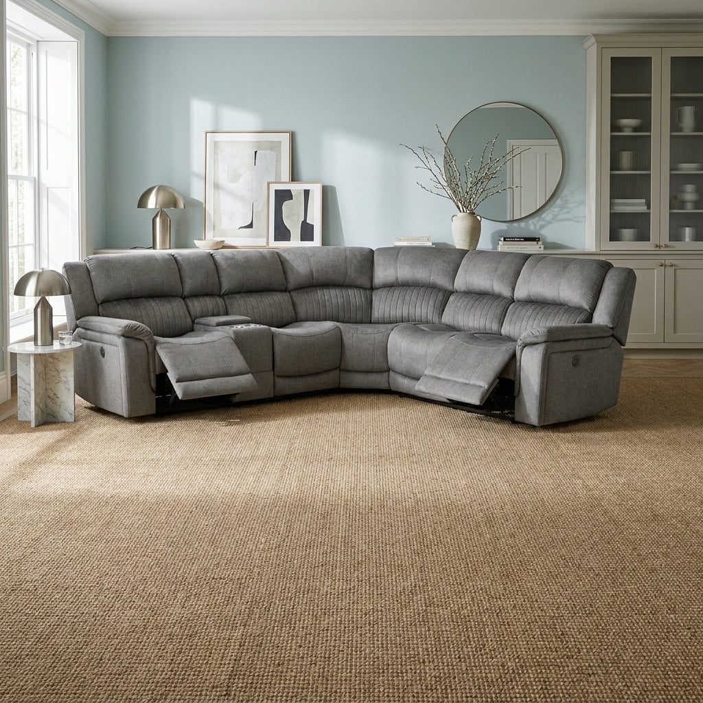 Vultan corner sofa in a bright living room with pale duck egg blue walls and a sisal rug