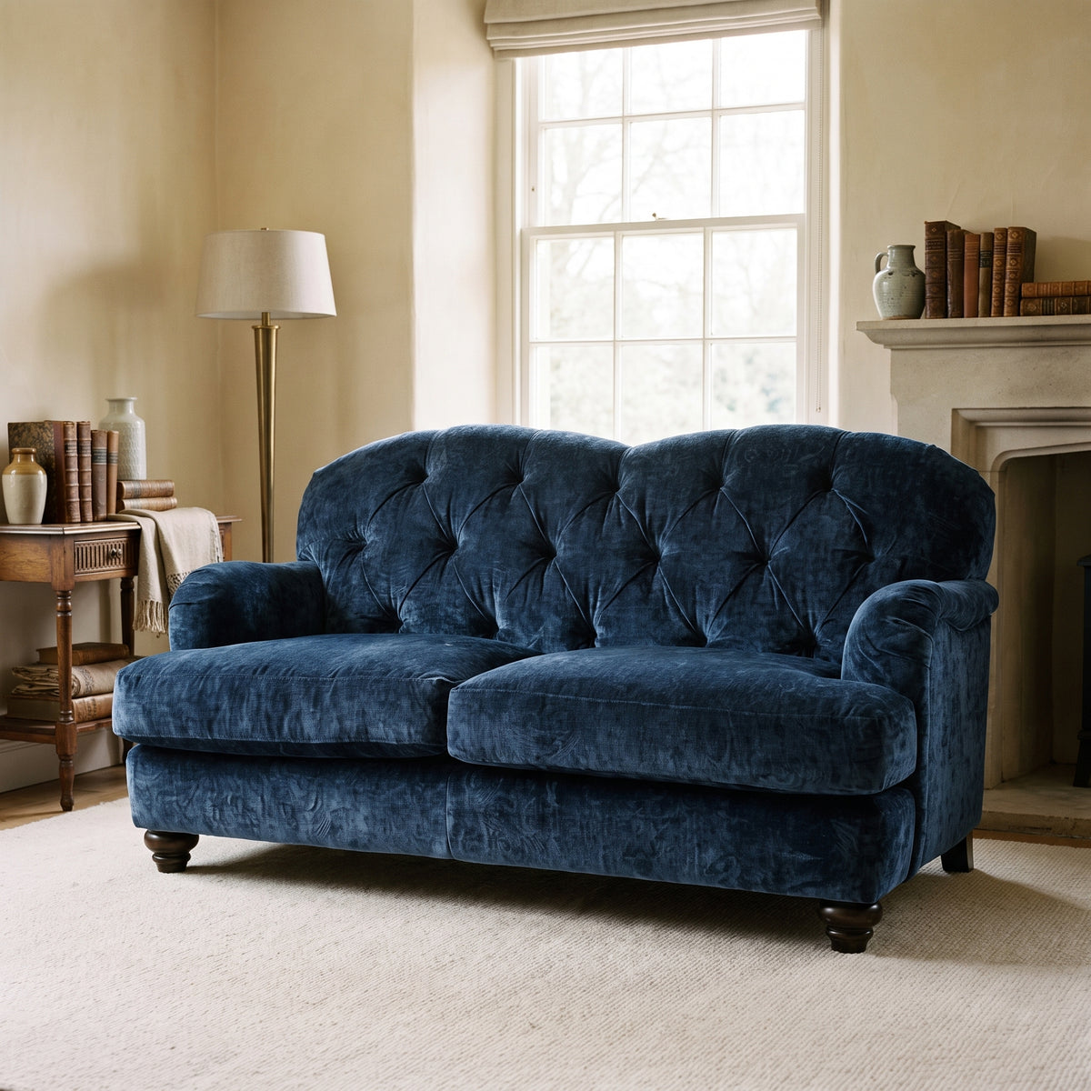 Ellise sofa in deep navy chenille with buttoned back and scroll arms, in a cream walled room with a sash window