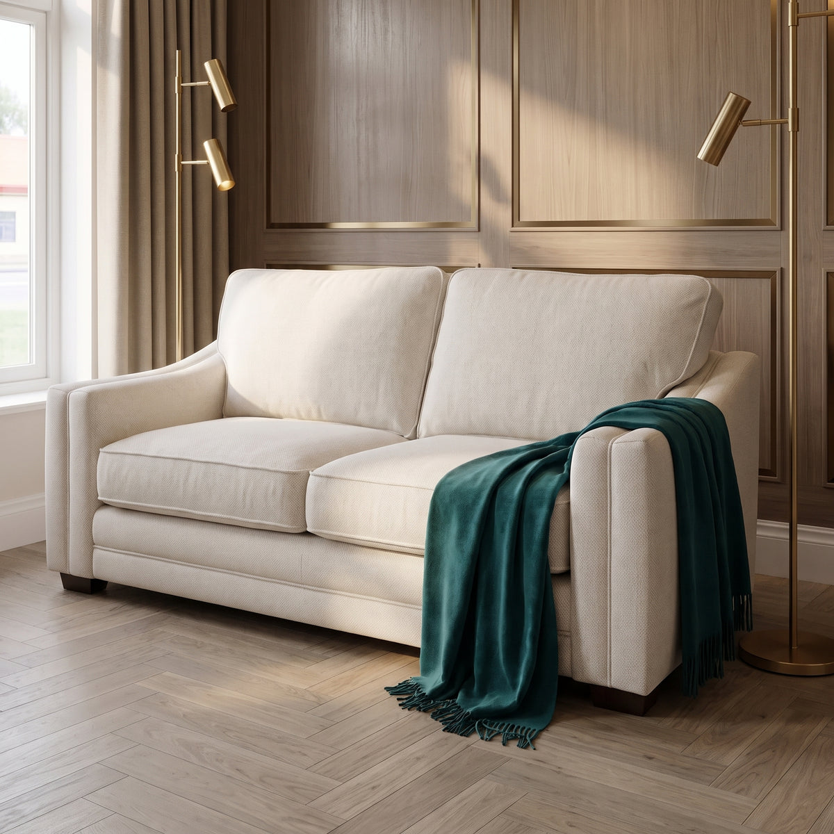 Chandon sofa in ivory cream weave with squared track arms, in a panelled room with herringbone oak flooring and a teal throw