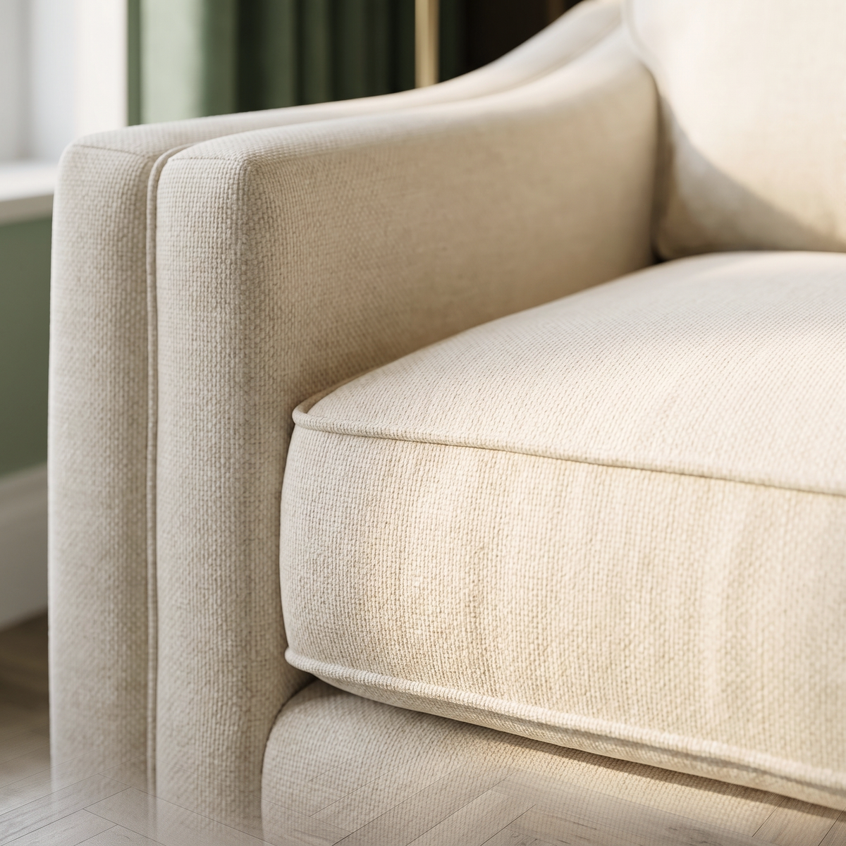 Close up of the track arm, piped cushion edge and ivory fabric weave on the Chandon sofa
