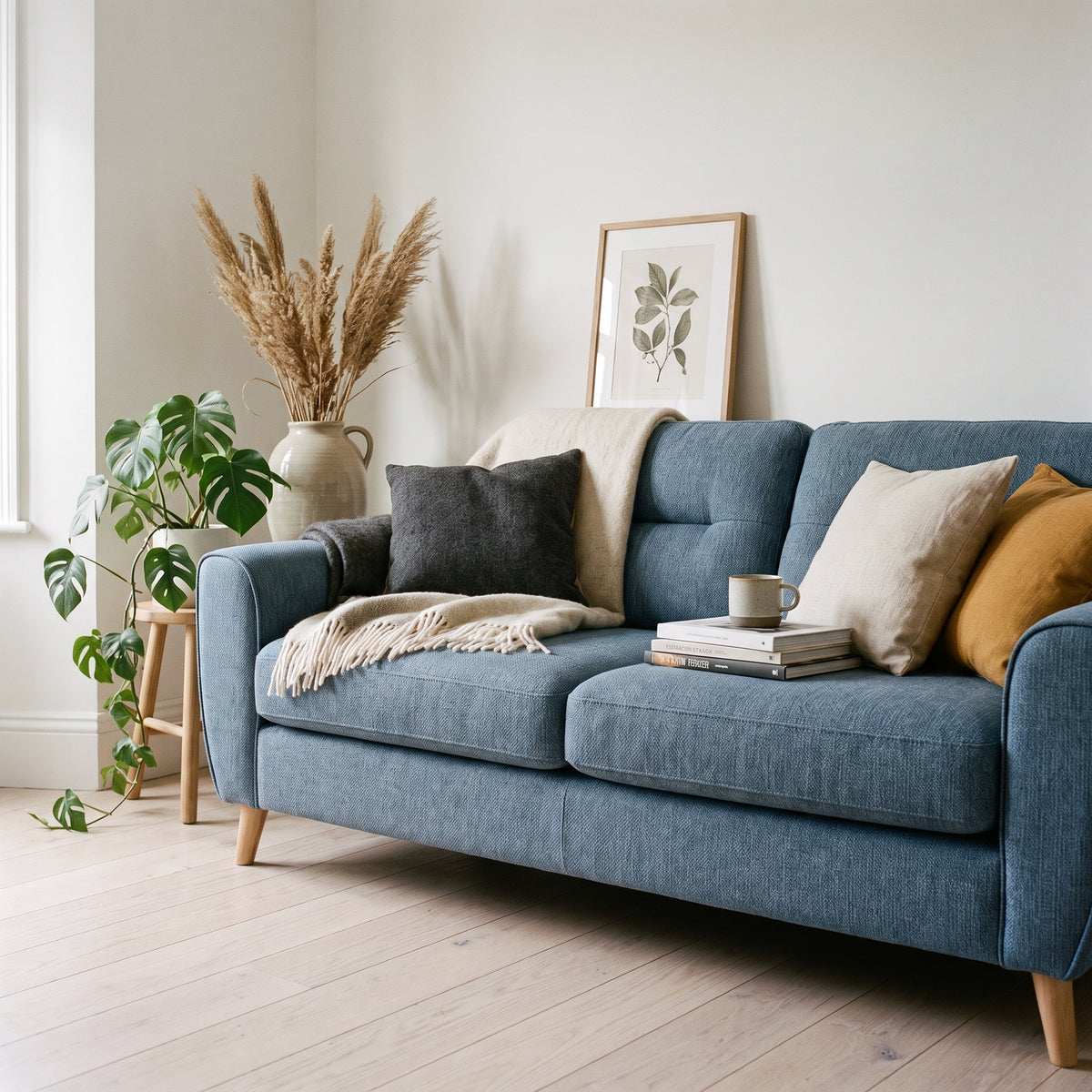 Optimus sofa bed in denim slate blue fabric in a bright Scandinavian room with white walls and pale ash floorboards