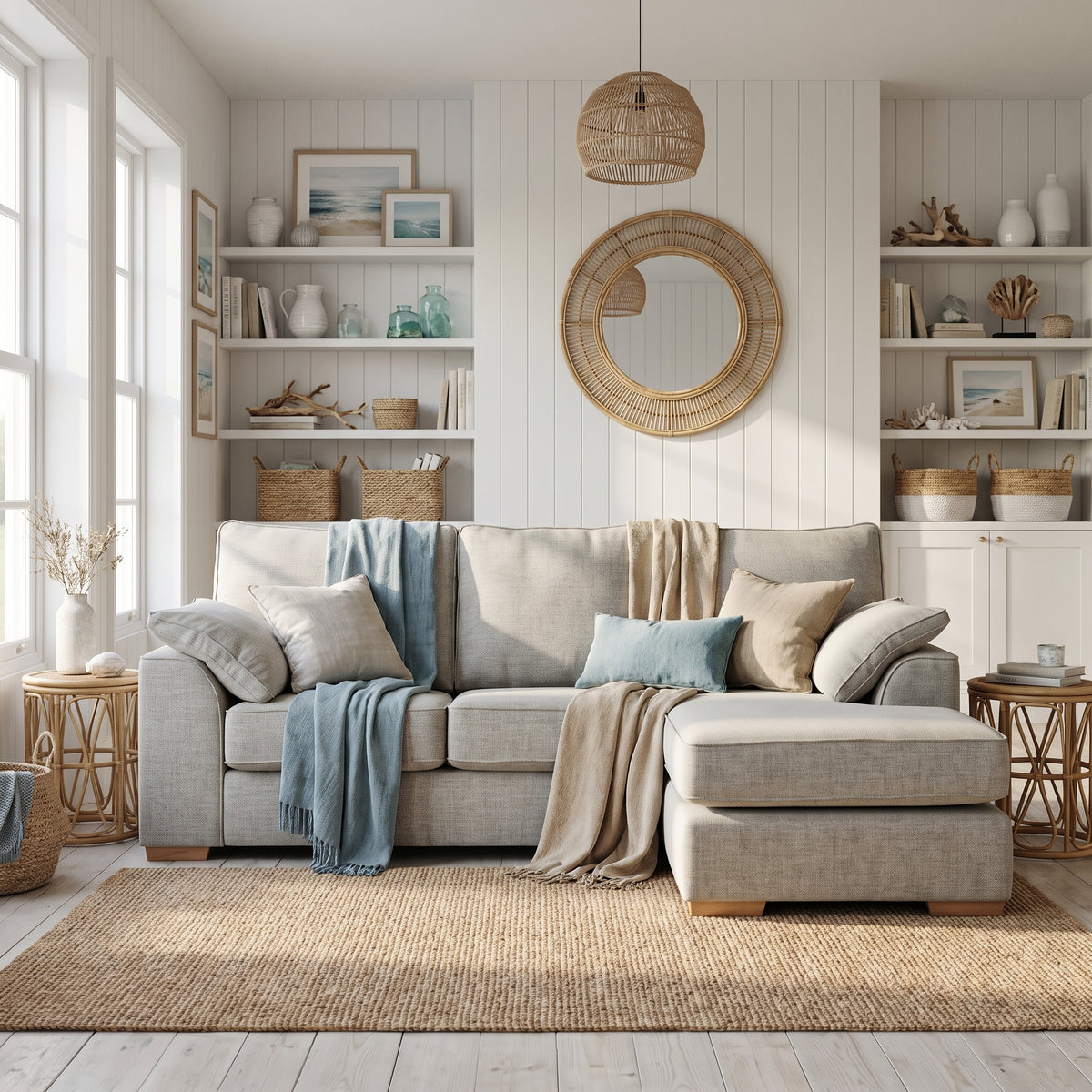 Clarkey lounger in pale grey weave with right hand chaise, in a bright coastal room with white panelled walls and a jute rug