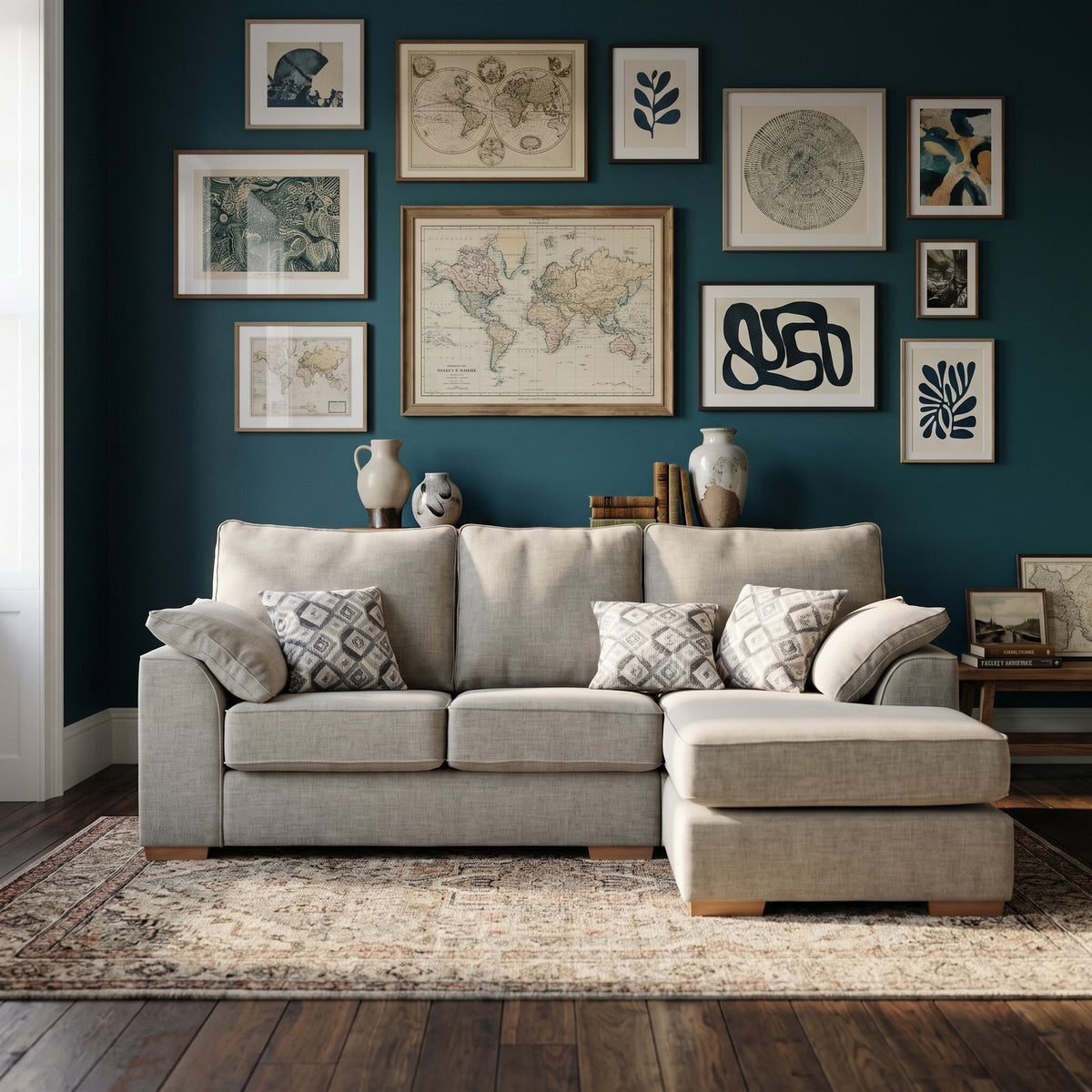 Clarkey lounger against deep teal walls with a gallery wall of prints and a patterned vintage rug