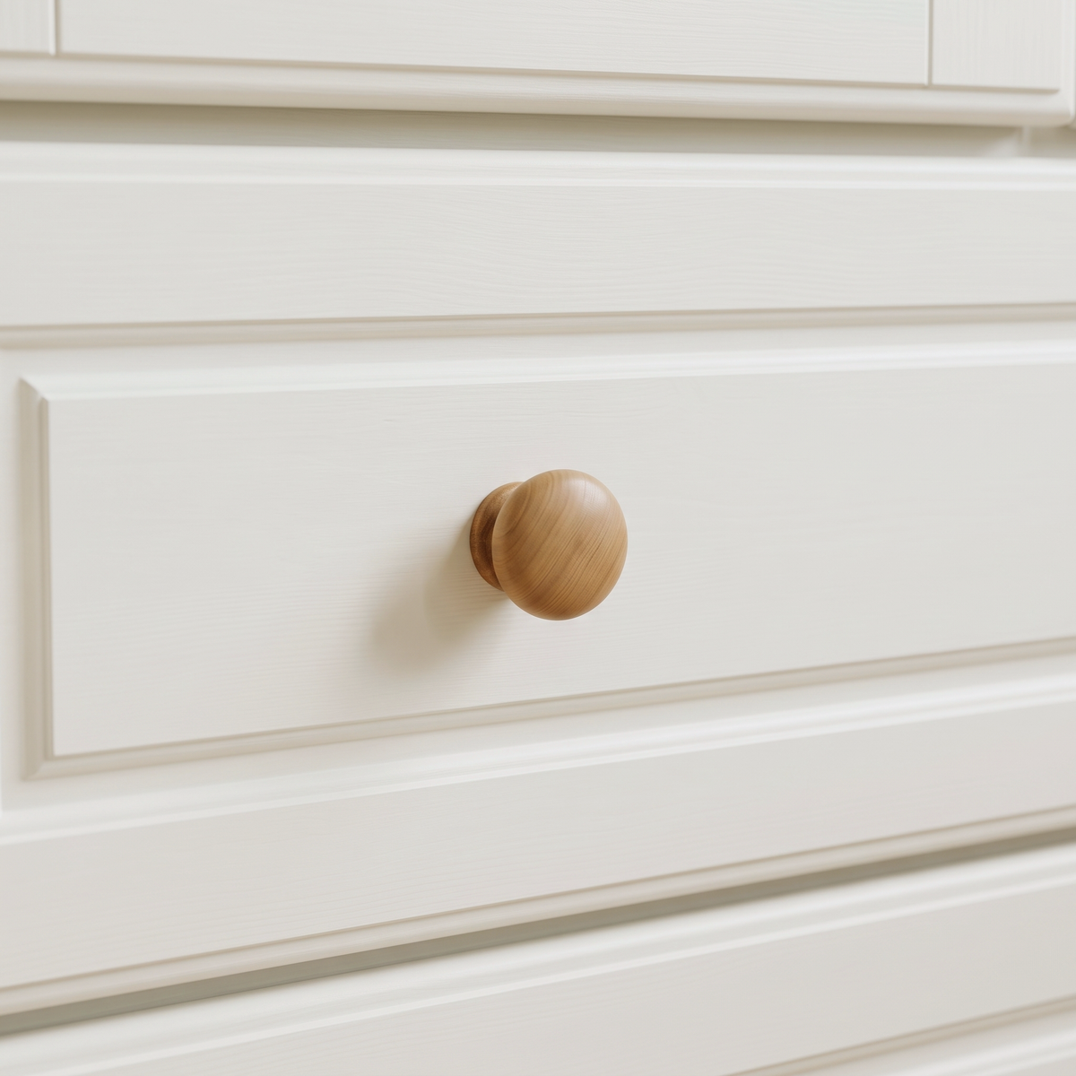 Close up of the round wooden knob and drawer front moulding on the Aurora wardrobe