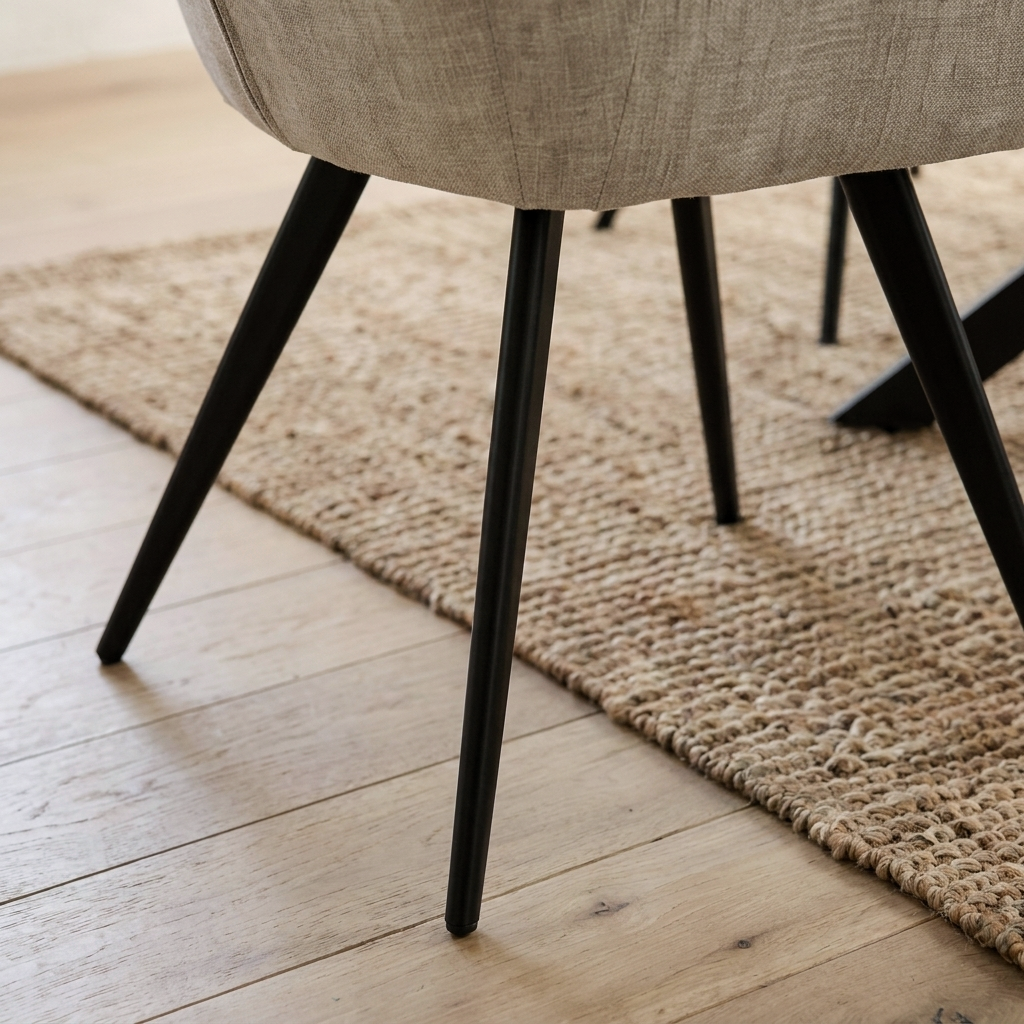Close up of the slim black tapered leg and oatmeal fabric seat on a Rodrigo dining chair