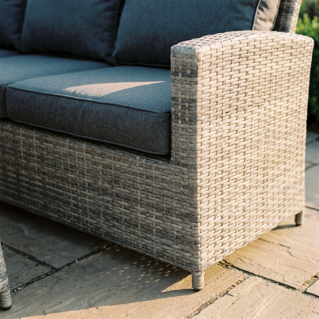 Close up of the grey rattan weave and dark grey cushion on the Maldives corner garden sofa