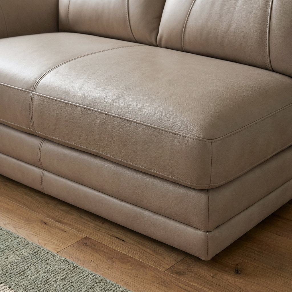 Close up of the plinth base and taupe leather stitching on the Sydney reclining sofa