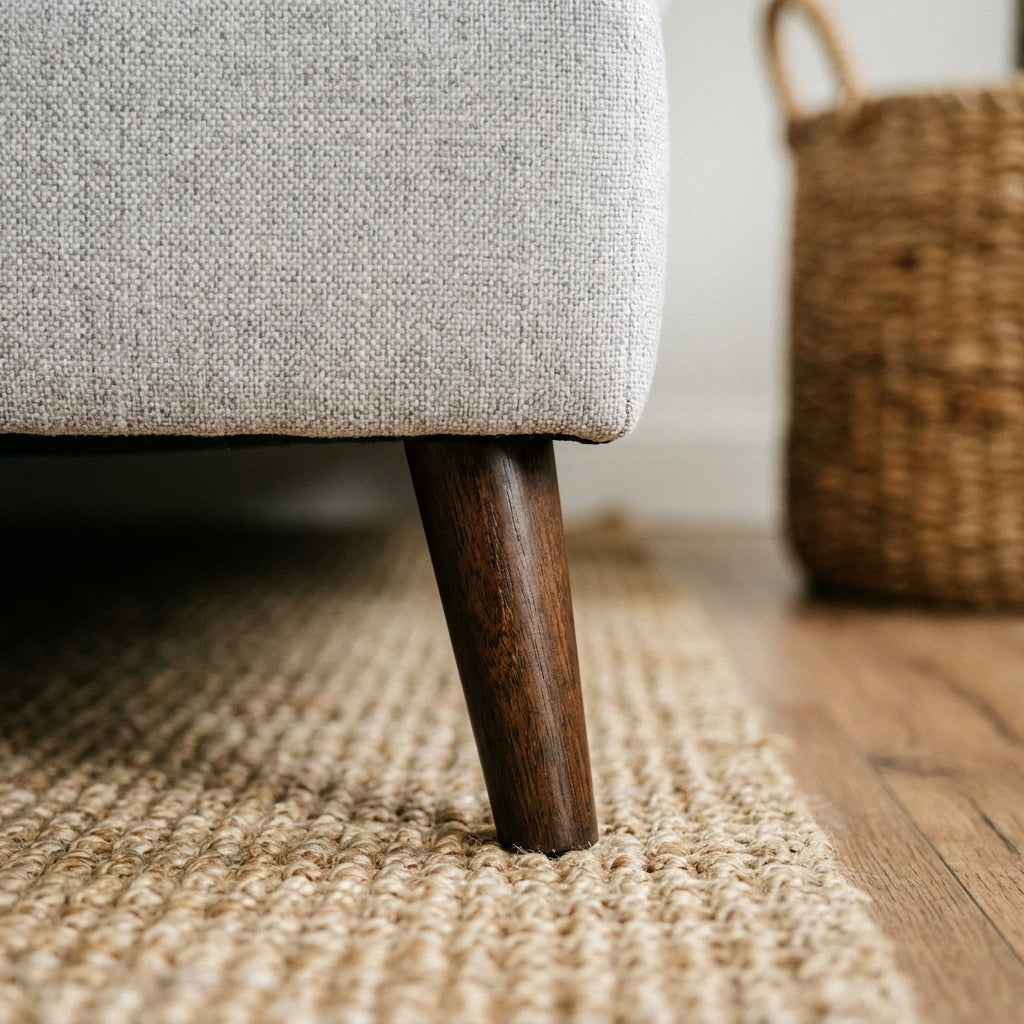 Close up of the dark tapered wooden leg and light grey fabric on the Nemo corner sofa bed