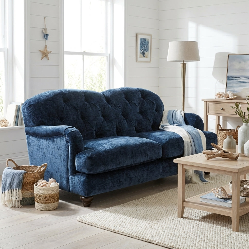 Ellise sofa in deep navy chenille in a bright coastal room with white shiplap walls and pale oak floorboards
