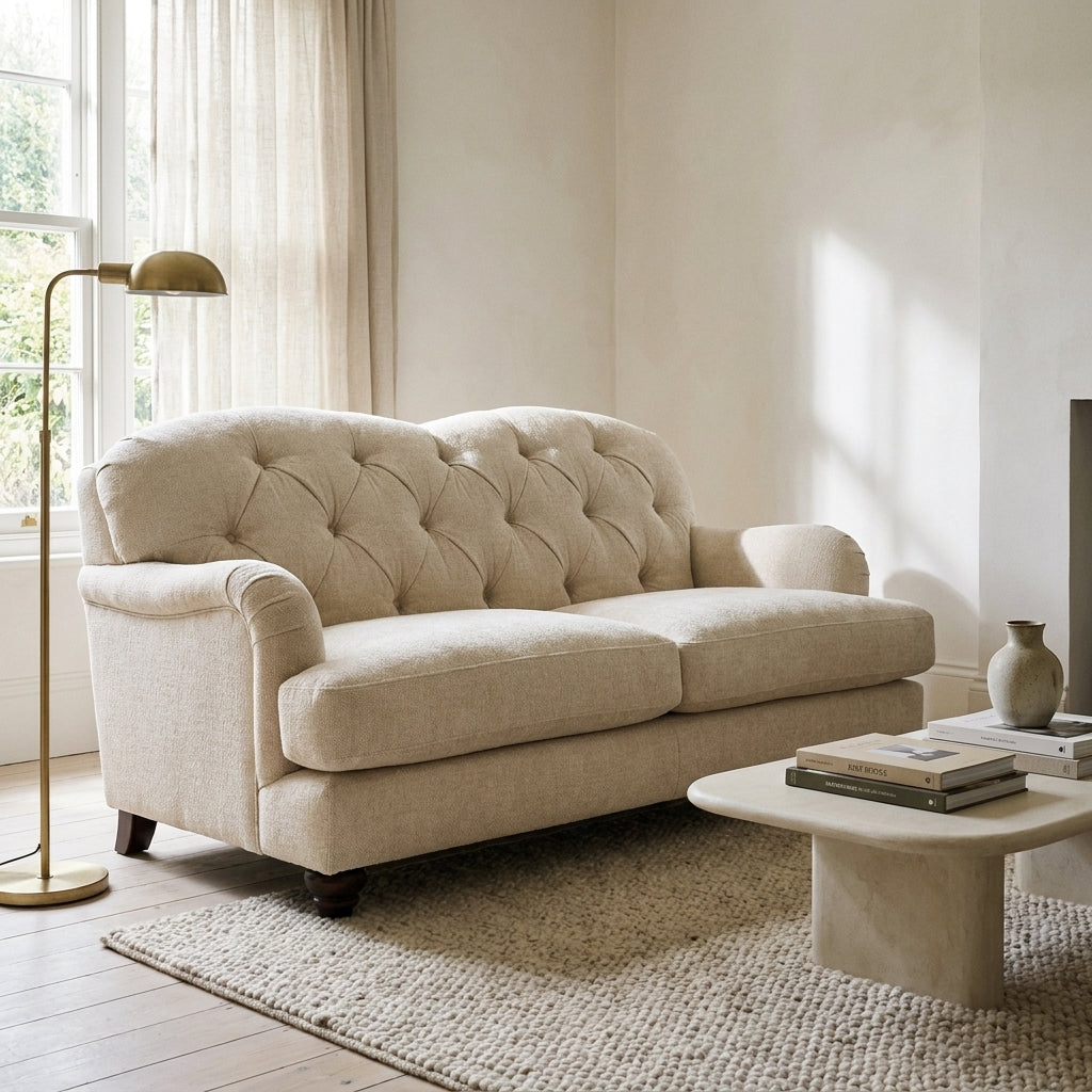 Ellise sofa in cream oatmeal chenille with buttoned back and scroll arms, in a bright room with warm white walls and pale oak floorboards