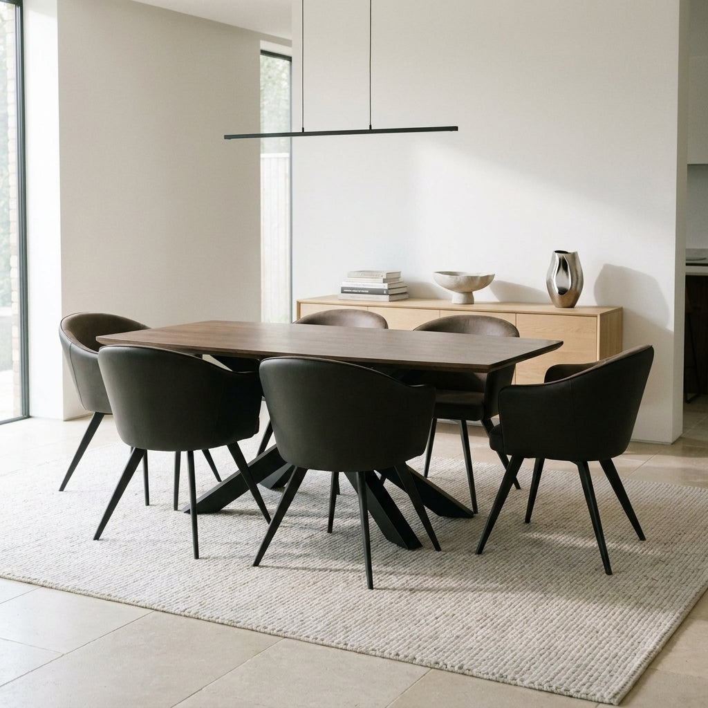 Colorado seven piece dining set with a dark walnut table and six chairs in a bright white contemporary dining room