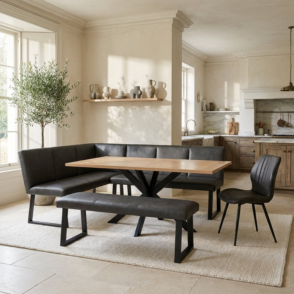 Moore corner bench dining set with oak table, bench stool and chair in a bright open plan kitchen