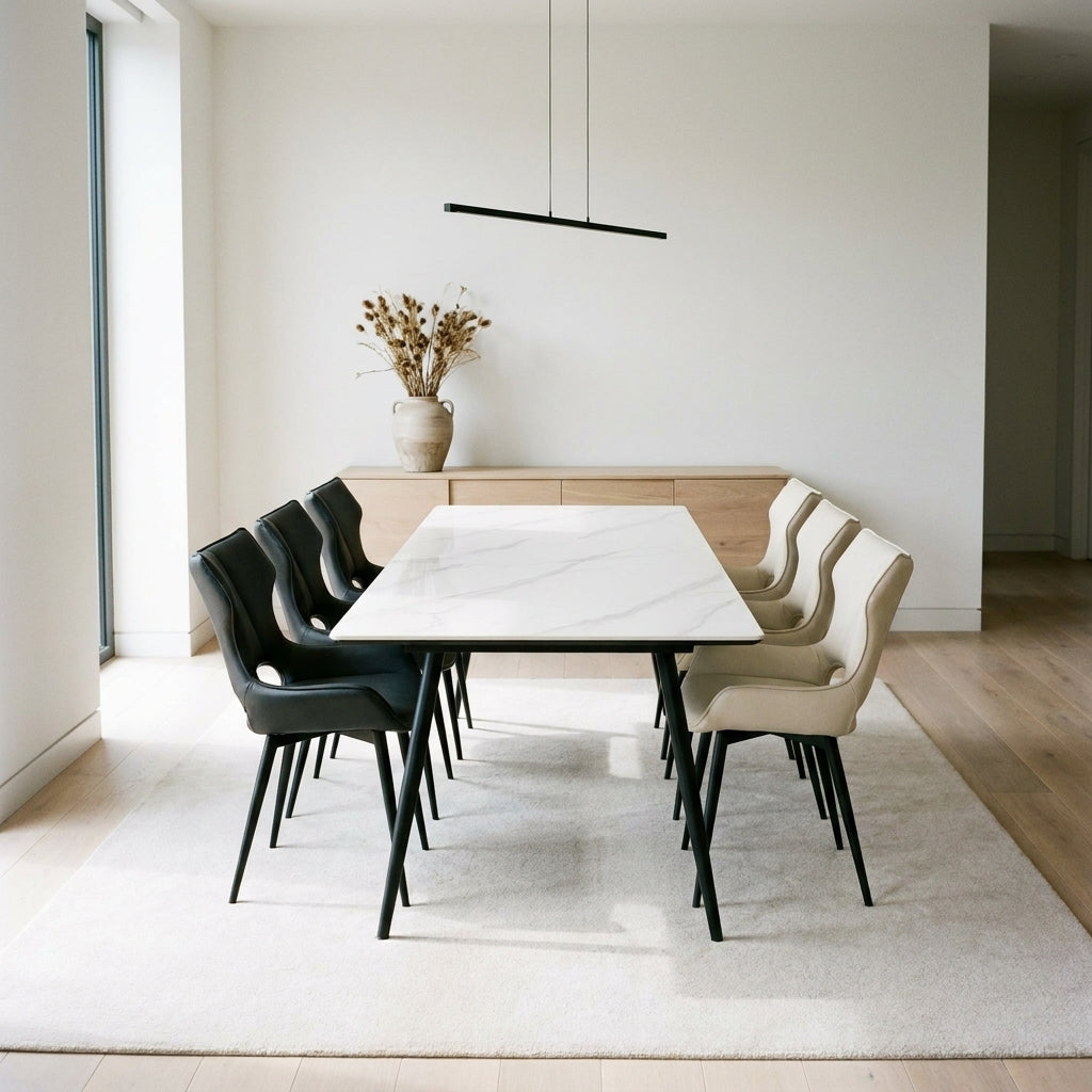 Aramis ceramic extending dining set with a white ceramic top and six black and cream chairs in a bright white dining room