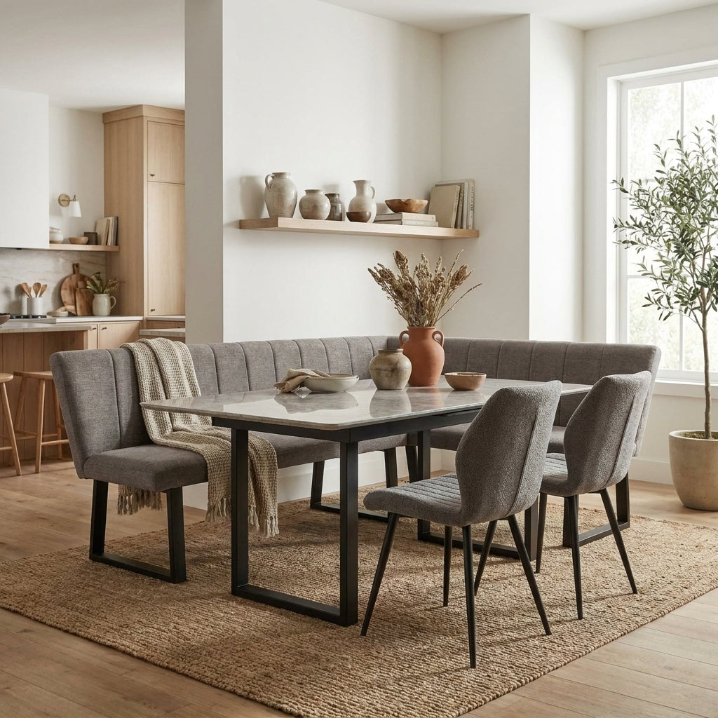 Olivia corner bench dining set with a grey L shaped bench and two chairs in a bright Scandinavian kitchen diner