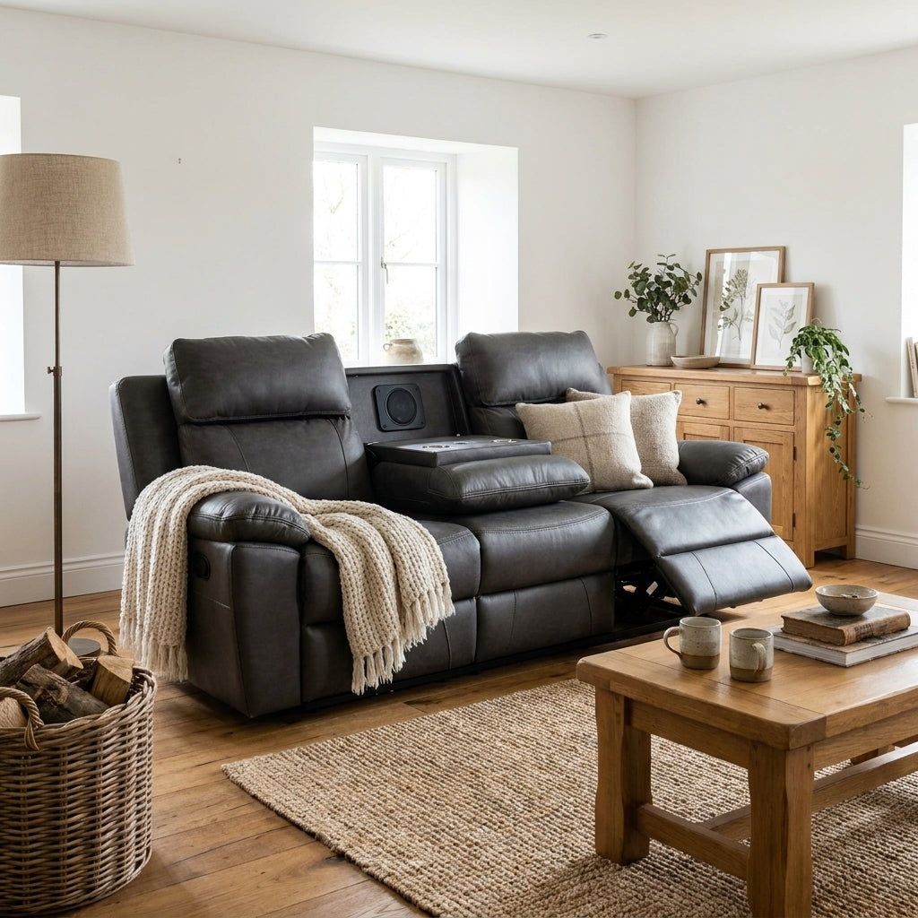 Tiberius charcoal reclining sofa with the drop down console open and footrest extended in a beamed cottage living room