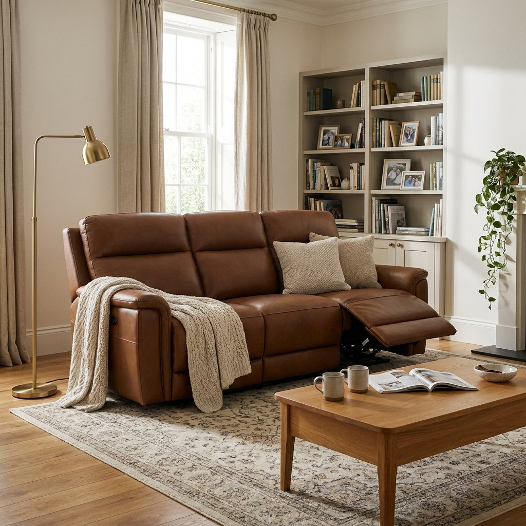 Sterling tan leather three seat electric recliner with footrest extended in a warm living room with a bookcase
