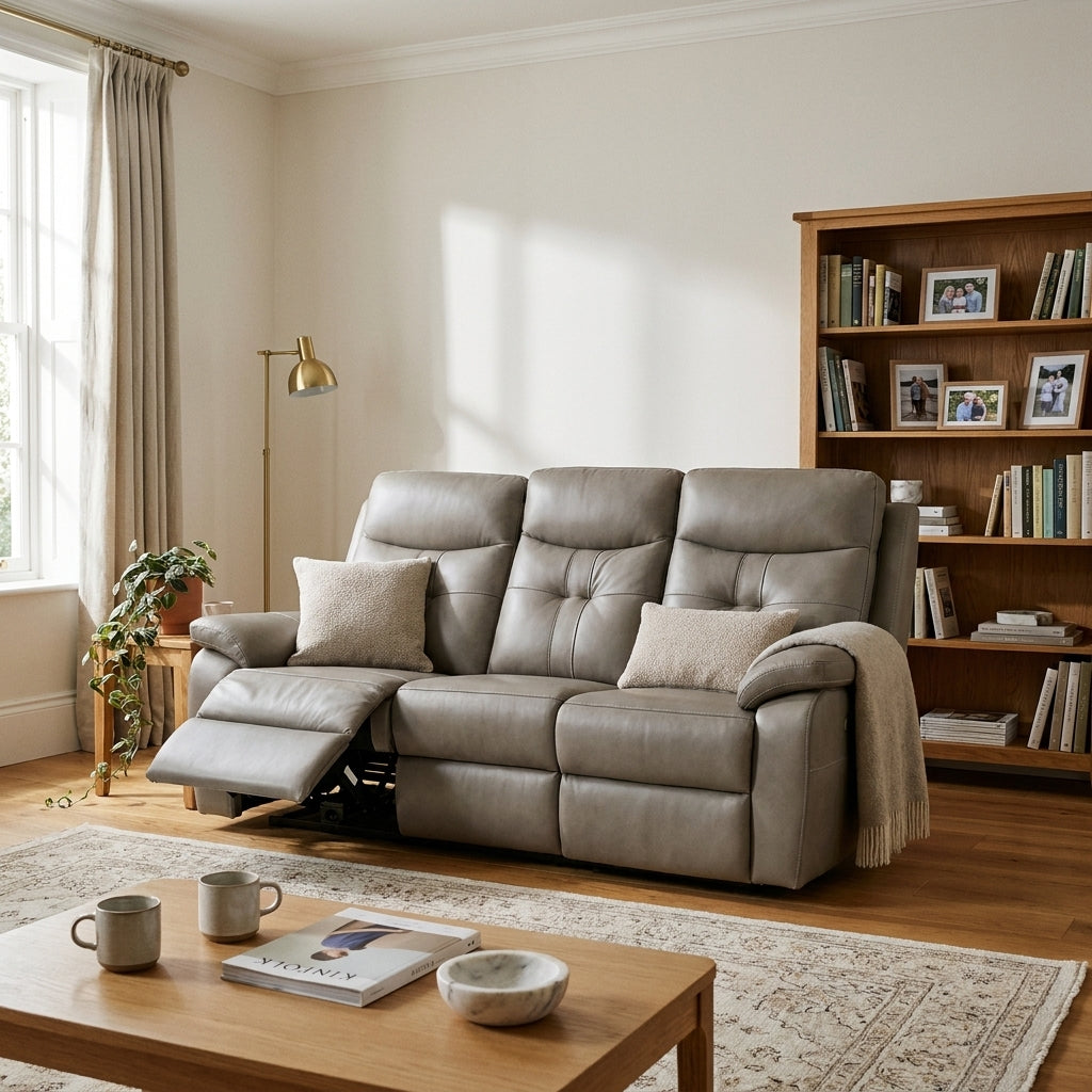 Grace taupe leather electric reclining sofa with footrest extended in a warm living room with an oak bookcase