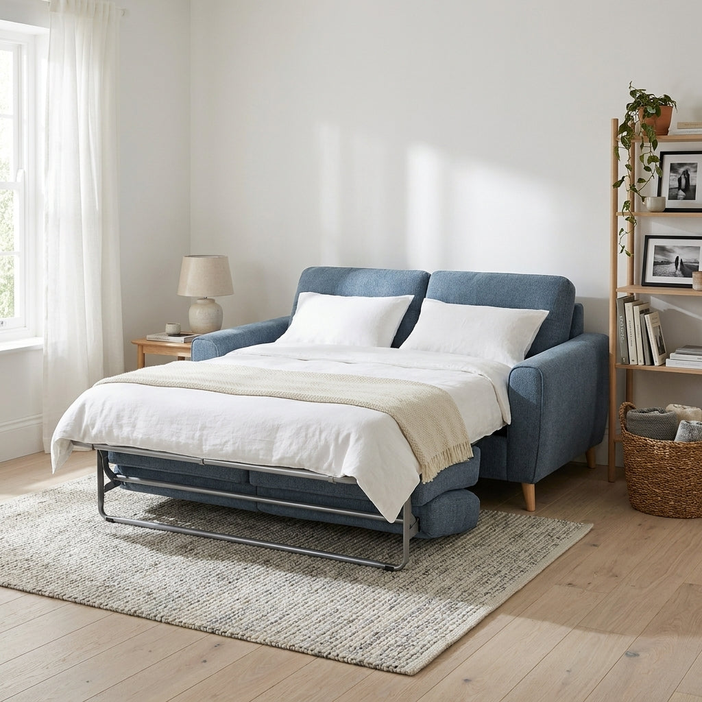 Optimus sofa bed opened out flat and made up as a bed in a bright Scandinavian spare room