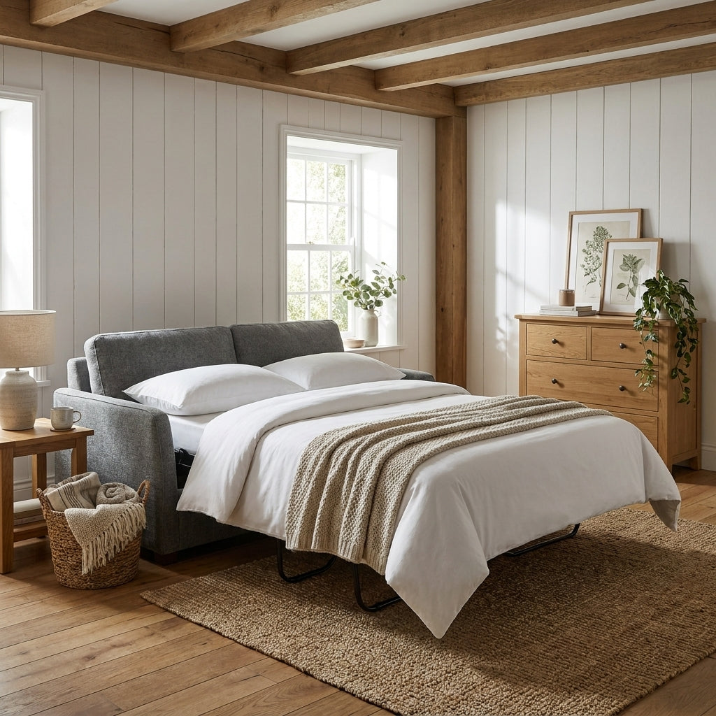 Kane sofabed opened out flat and made up as a bed in a beamed cottage spare room
