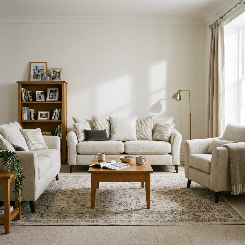 Samantha sofa range showing the three seater, two seater and armchair together in a warm living room