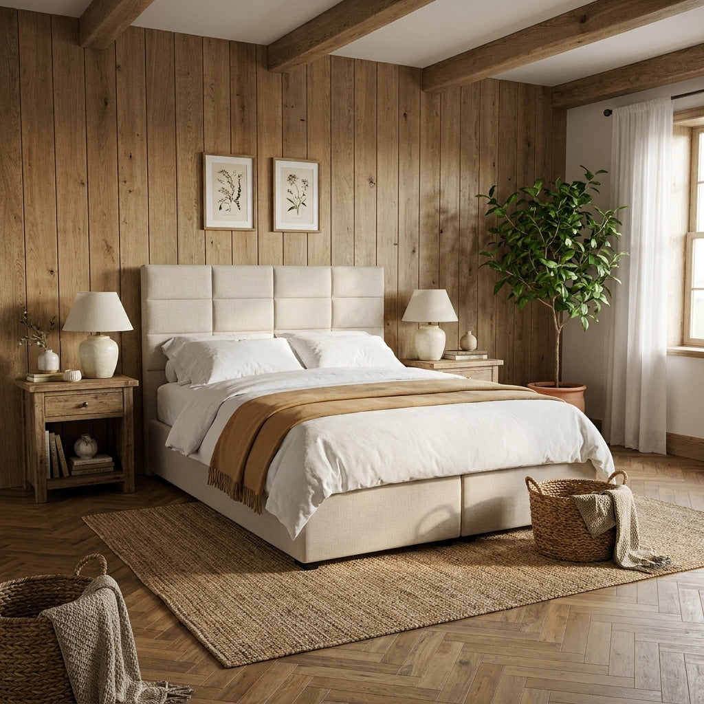 Kratos kingsize ottoman bedframe in oatmeal linen, made up in a timber clad bedroom with a jute rug