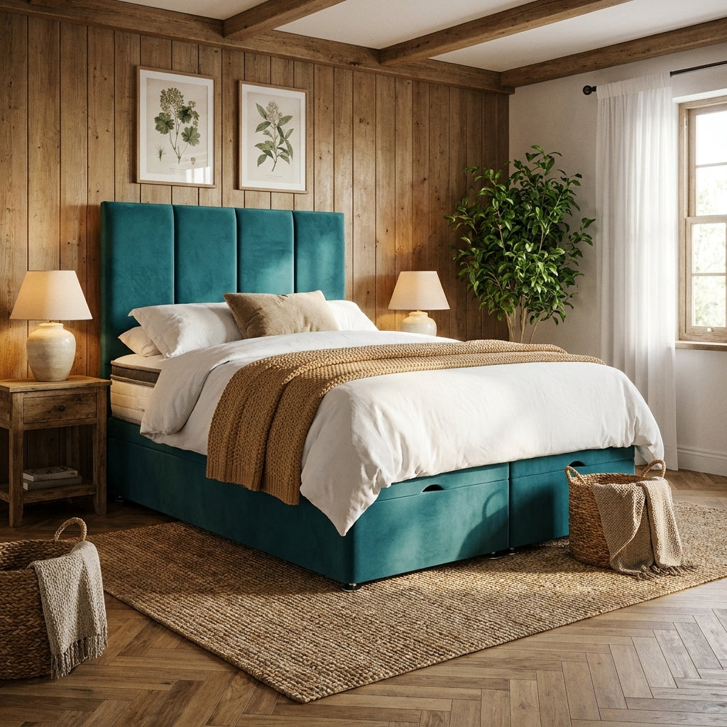 Juan ottoman bedframe in teal velvet, made up in a timber clad bedroom with a jute rug