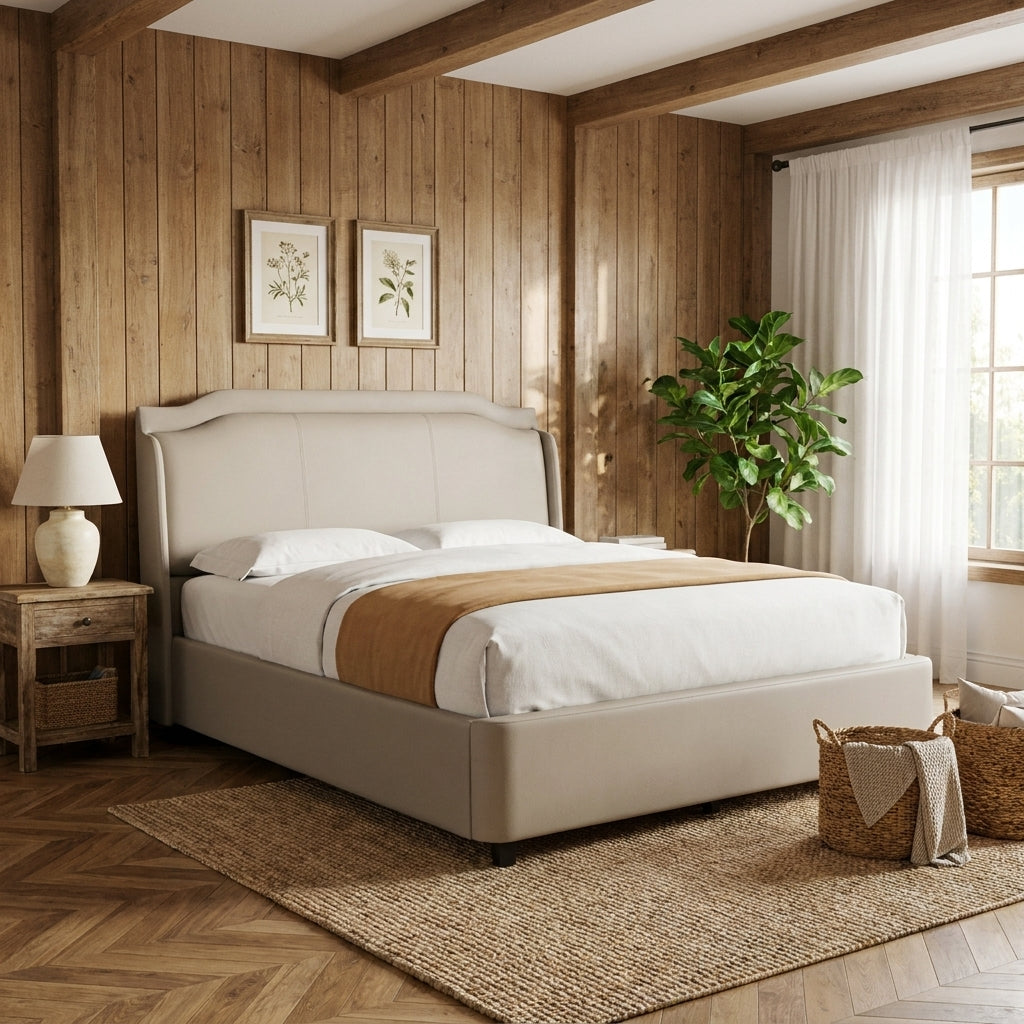 Murlough ottoman bedframe in greige faux leather, made up in a timber clad bedroom with a jute rug