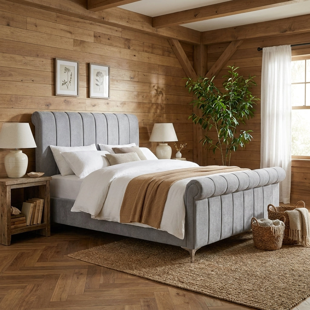 Neptune side opening ottoman in grey velvet with a scrolled sleigh frame, made up in a timber clad bedroom