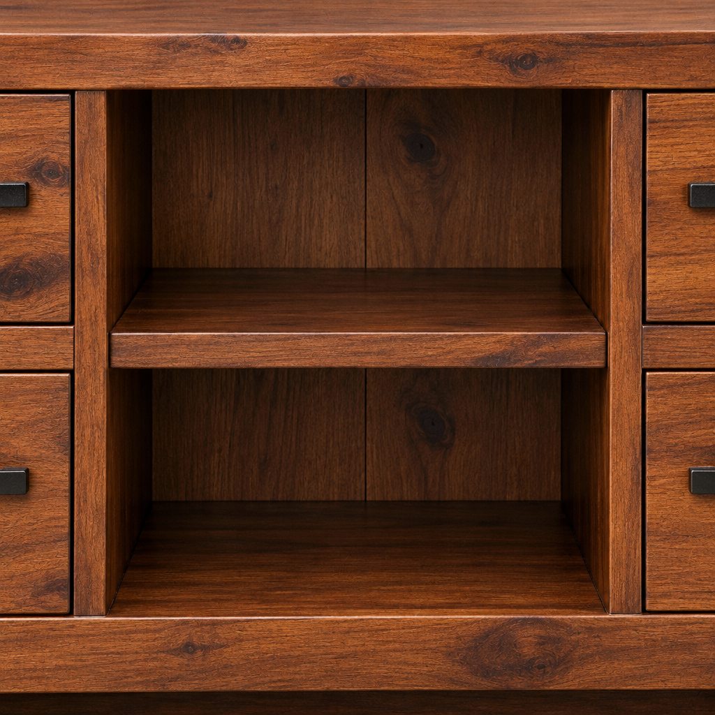 Close-up of the Willow TV unit open central compartment with its fixed timber shelf in dark acacia