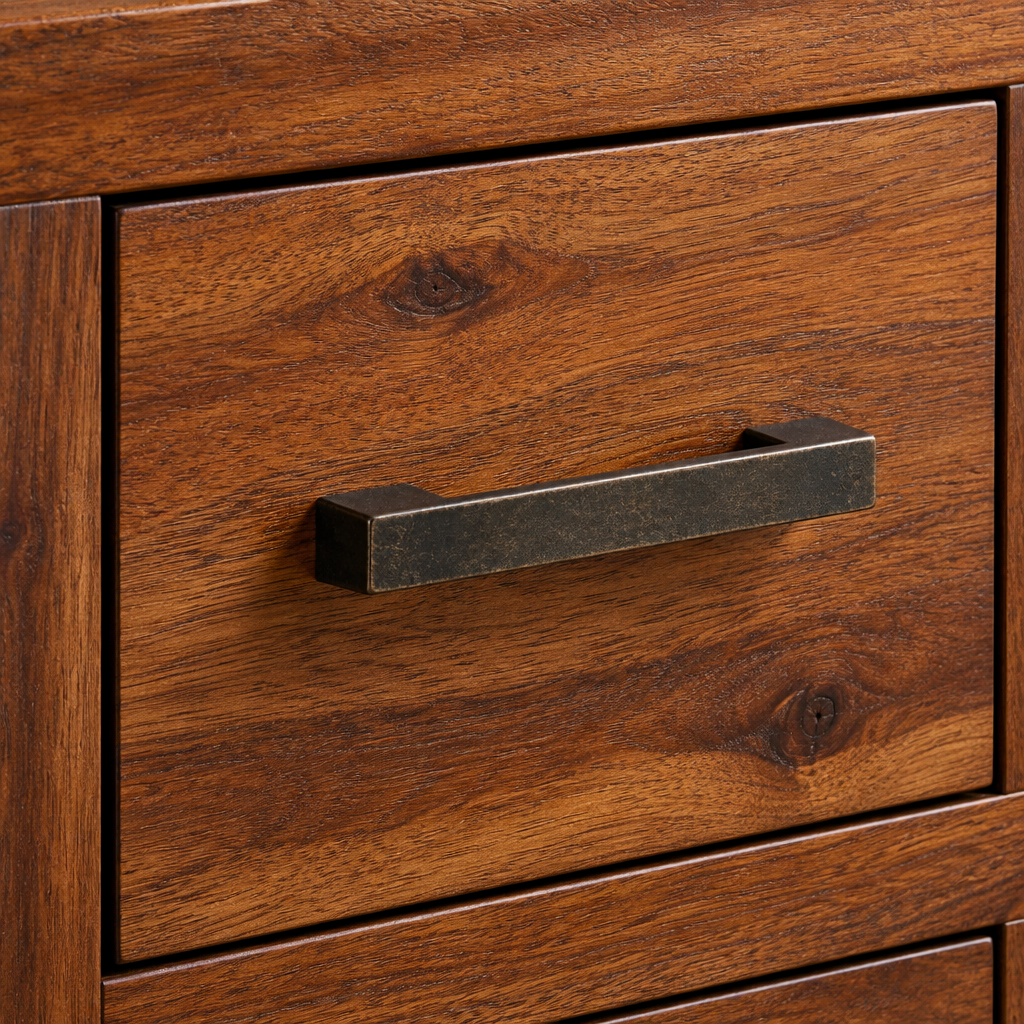 Close-up of a Willow TV unit drawer front showing the dark antique metal bar handle and acacia grain