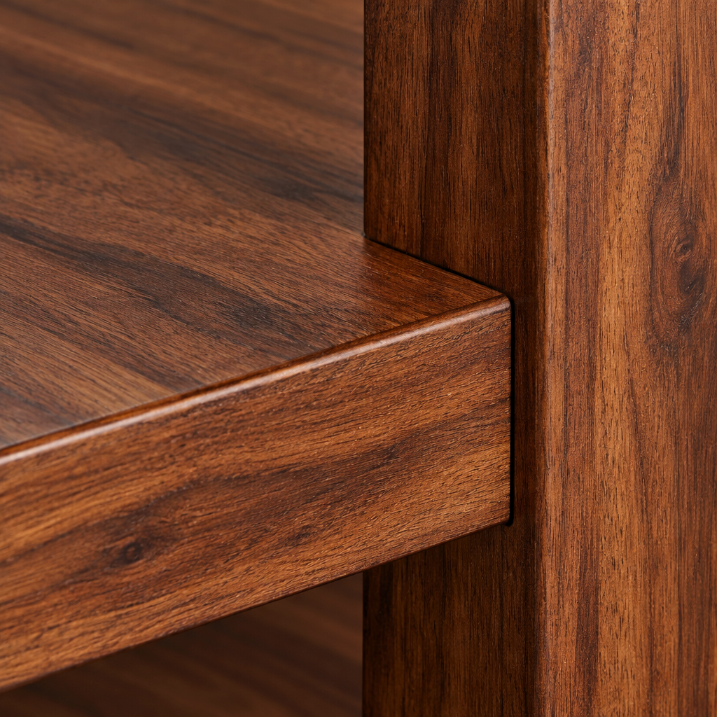 Close-up of the Willow 1 drawer console table lower shelf jointed into its square leg in dark acacia